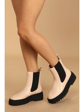 Lulus Derrie Light Nude Platform Ankle Boots Chunky Sole Chelsea Boots Womens Si